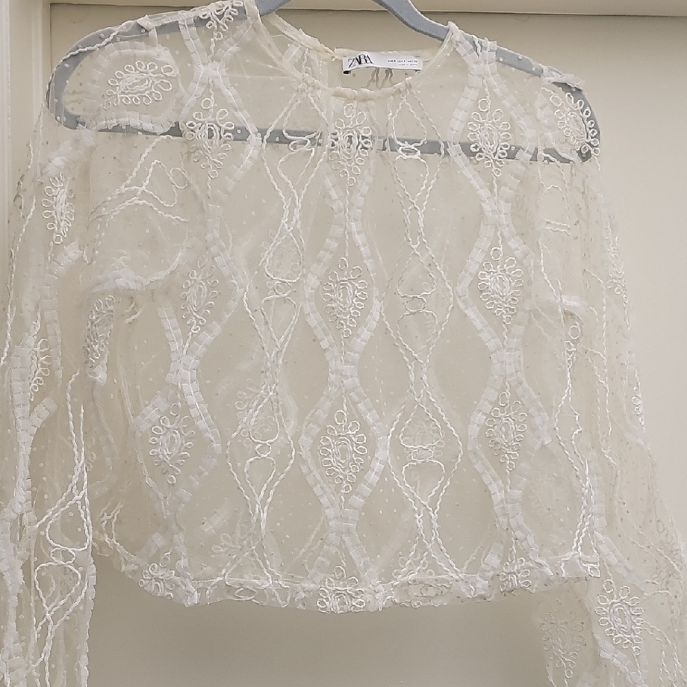 Zara  Embellished Cream Crop Blouse